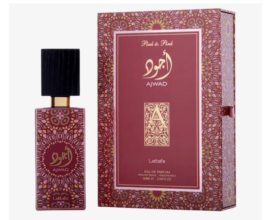 Ajwad Pink to Pink perfume bottle with ornate burgundy box, 60ml eau de parfum by Lattafa