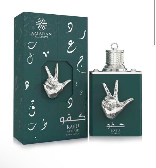 Amaran Kafu Al Nasr 3.4 oz EDP bottle with silver hand sculpture and green packaging box