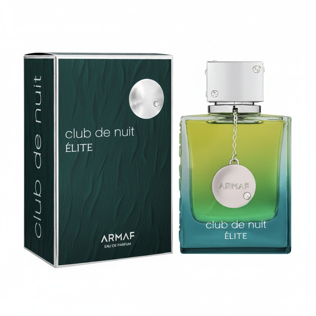 Armaf Club de Nuit Élite Eau de Parfum bottle and its dark green textured packaging box, featuring a green-to-blue gradient glass bottle with a silver cap and pendant.
