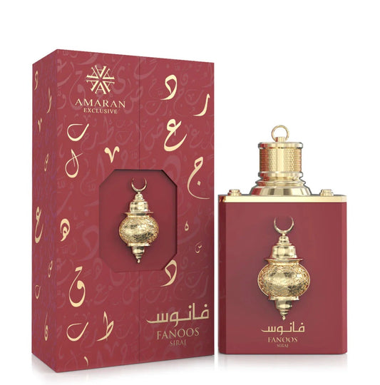 Amaran Fanoos Siraj 3.4 oz EDP bottle with gold ornamental cap and burgundy box packaging displayed together.