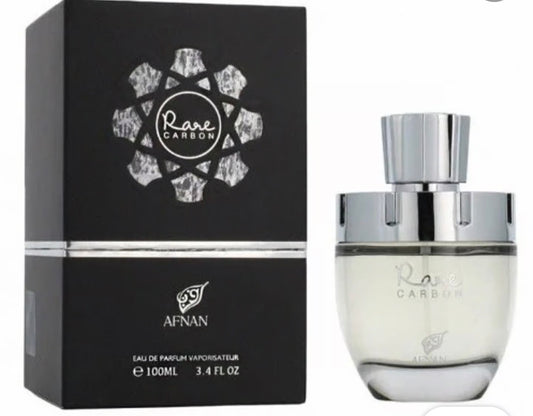 Afnan Rare Carbon fragrance box and spray bottle with silver cap and clear glass container