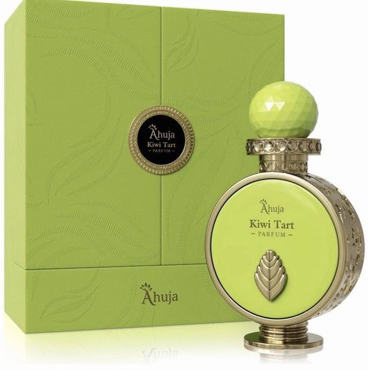 Ahuja Kiwi Tart Parfum bottle with lime green box, ornate silver cap with chartreuse sphere top