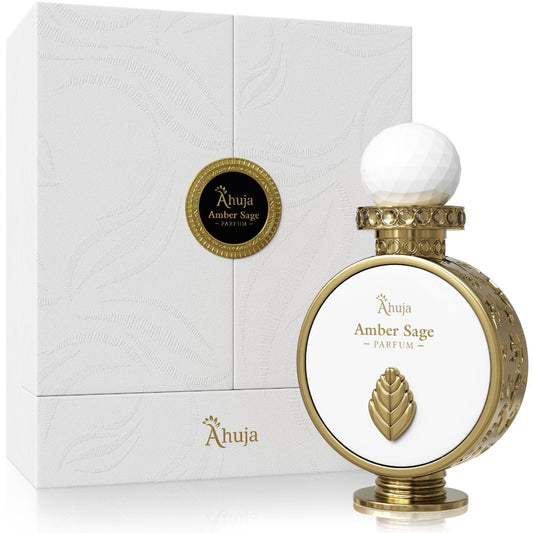 Ahuja Amber Sage Parfum bottle with white spherical cap, gold-toned decorative base, and matching white box packaging.