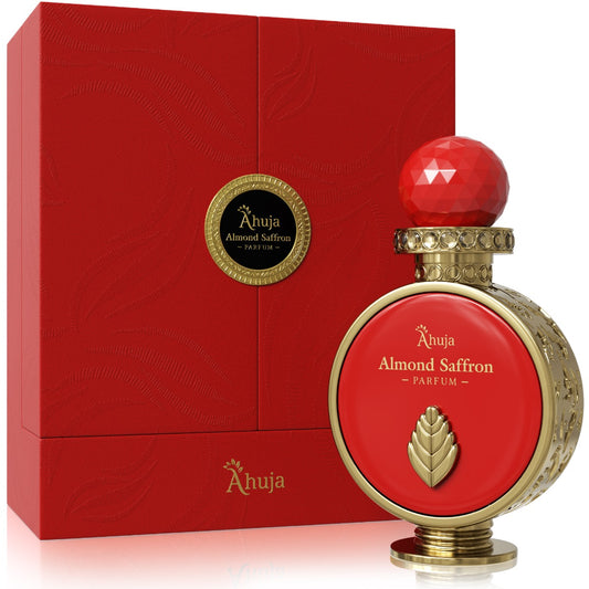 Ahuja Almond Saffron Parfum bottle in red with gold accents next to red packaging box