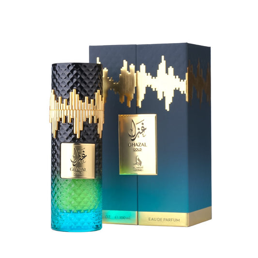 Al Absar Divine Ghazal Gold eau de parfum bottle with blue-to-teal gradient and gold accents, displayed with matching box packaging.